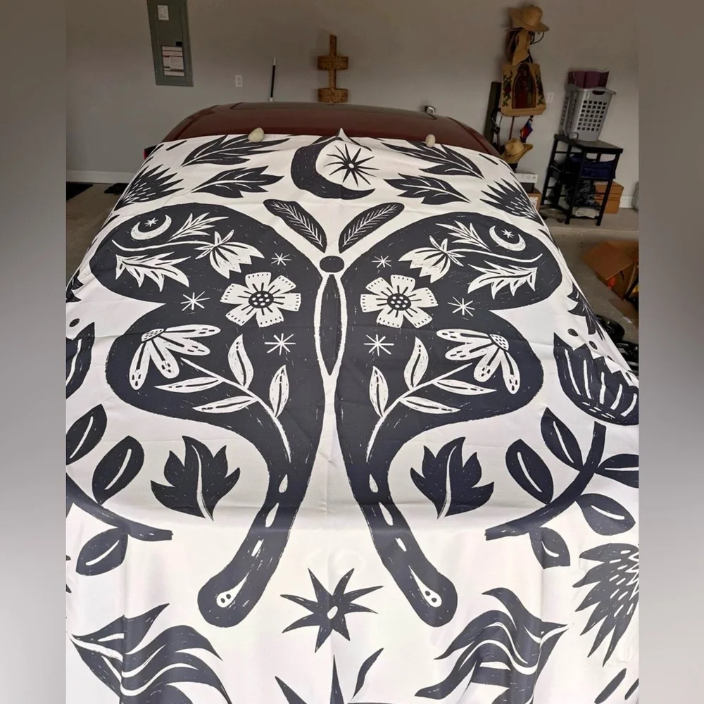 Black and White Botanical & Butterfly Print Shower Curtain